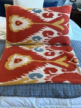 Pottery Barn Red, Mustard & Ivory Ikat Accent Pillow